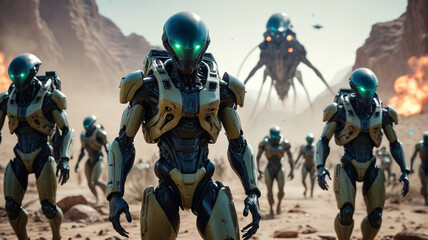 Military forces mobilizing in a desperate attempt to repel the alien invaders, their bravery tinged with fear and uncertainty, Generative AI