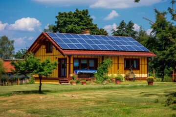 A quaint rural house nestled amidst lush greenery, its roof adorned with solar panels, blending harmoniously with the serene natural surroundings.