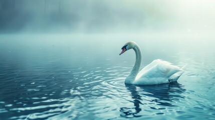 A white swan is floating in the azure water - Powered by Adobe