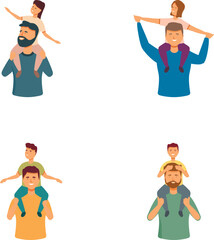Set of illustrations featuring smiling fathers of various ethnicities giving happy children piggyback rides