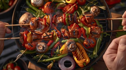 Fototapeta premium Delicious grilled kebabs with vegetables on skewers over a barbecue grill, perfect for a summer cookout.