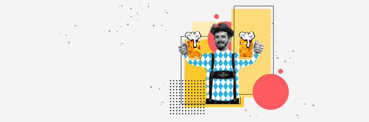 Happy smiling man serving two mugs with foamy lager beer on abstract colorful background. Contemporary art collage. Concept of Oktoberfest, beer, festival, traditions. Creative design. Banner for ad - Powered by Adobe