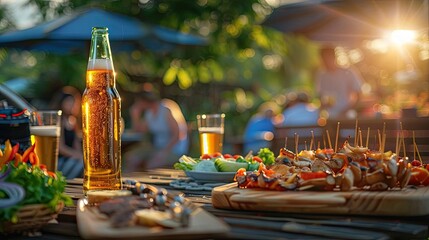 Outdoor gathering with alcoholic beverages and skewered appetizers on a wooden table, background blurred with ambient lighting.
