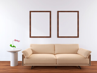 Living Room Wall Frame Mockup with sofa and House Background. 3D render
