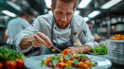 Chef preparing a gourmet dish in a professional kitchen.