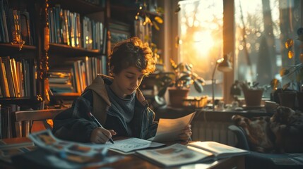 Obraz premium Children do their homework with the help of their parents.