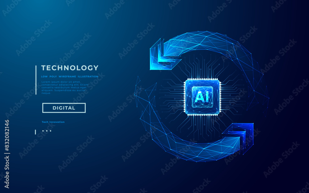 Poster AI chip and two recycle digital arrows. Abstract digital AI processor in low poly wireframe with neon blue lights effects. Technology background. Artificial Intelligence concept. Vector illustration.