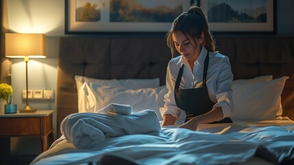 Woman in housekeeping uniform making the bed in a contemporary hotel room, black apron and white shirt, digital oil painting, realistic detail, warm lighting 8K , high-resolution, ultra HD,up32K HD