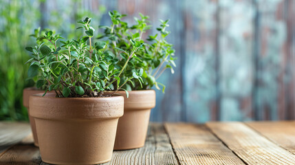 Aromatic potted oregano and thyme on wooden table. 