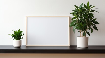  a white frame on the left and a potted plant on the right.