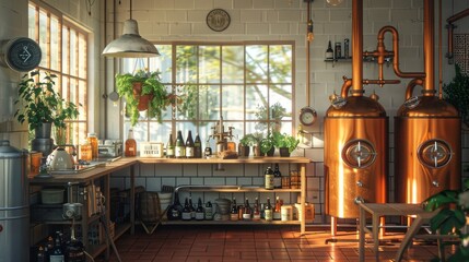 Craft beer brewery interior with copper kettles and large windows