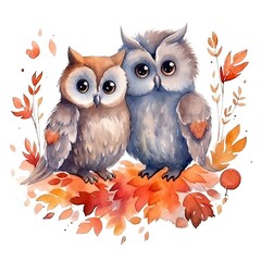 Cute couple owls fall in love in autumn flower wearing sweater and sweet heart,