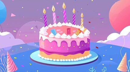 Brightly colored birthday cake with five lit candles, set against a whimsical background with balloons and confetti.