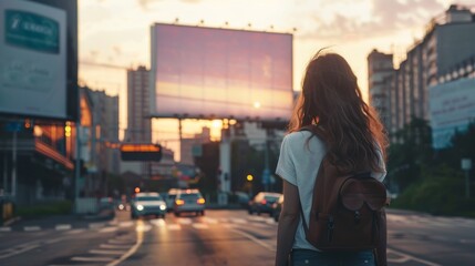 girl standing back to camera on the background of sunset in the city