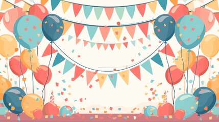 Colorful party decoration with balloons, flags, and confetti creating a festive atmosphere, perfect for celebrations and special events. - Powered by Adobe
