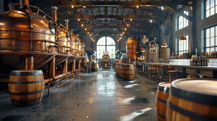 Interior of a distillery with wooden barrels and copper stills.