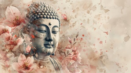 Elegant Watercolor Portraits of Buddha with Delicate Blossoms and Ethereal Backgrounds