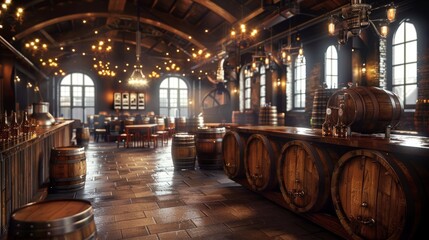Interior of a medieval tavern with wooden barrels and tables