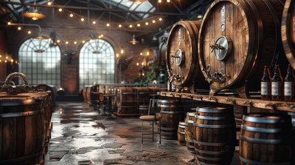 interior of an old brewery with wooden barrels and dim lighting