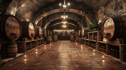 Old underground stone cellar with wooden wine barrels
