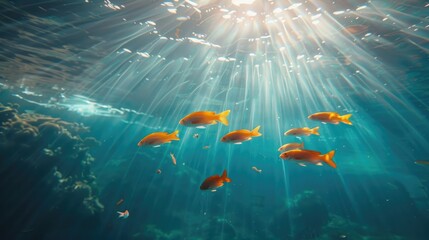 Sunlight rays penetrating the ocean a group of golden fish view from beneath the water