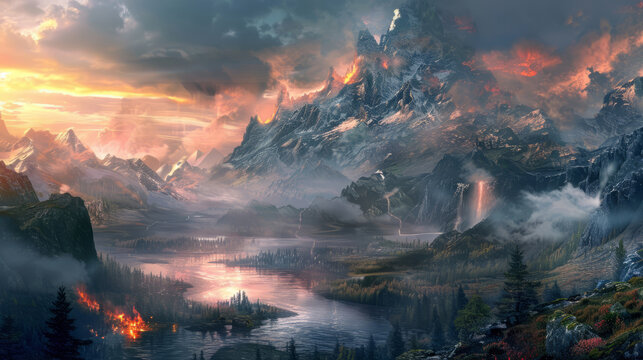 Dramatic fantasy landscape with fiery mountains and serene valley