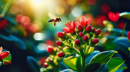 A bee flying over a red flowers with green leaves blur background  - Powered by Adobe