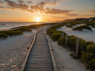 Fototapeta premium Long boardwalk to sunset beach, tranquil path flanked by shrubs, leading to white sands and ocean vistas.