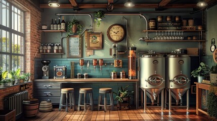 Rustic kitchen interior with a large wooden table, a clock, and shelves with various objects on the walls.