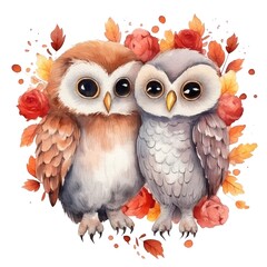 Cute owls in autumn flower clipart, watercolor illustration