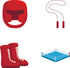 Collection of modern and clean sports equipment vector icons set for boxing. Wrestling. And fitness training with gloves. Boots. Jump rope. And more. In flat design elements