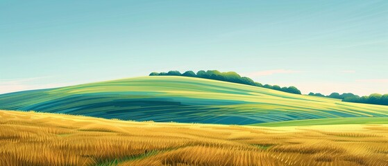 Obraz premium Green and golden fields meeting at the horizon with a blue sky backdrop, digital illustration, vibrant colors, minimalistic, clean lines 8K , high-resolution, ultra HD,up32K HD