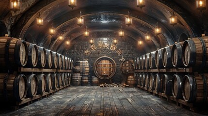 The image shows a dark and mysterious wine cellar with wooden barrels and dim lighting.