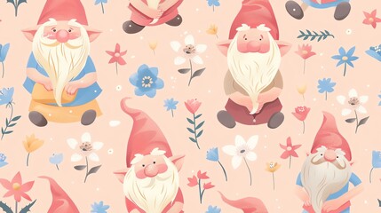 Hand-drawn pastel-colored seamless pattern featuring gnomes in various poses, surrounded by delicate flowers, perfect for a whimsical look