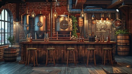 The interior of a bar or pub with a brick wall and wooden bar counter and stools.