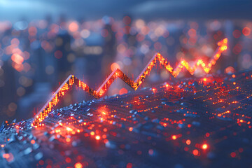 Graph with red rising arrow symbolizing inflation growth and electricity prices. Abstract technological dark blue background