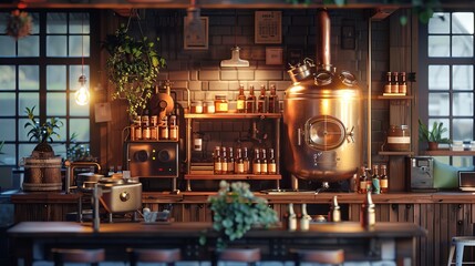 The interior of a bar or restaurant with a copper still and wooden shelves stocked with bottles of liquor.