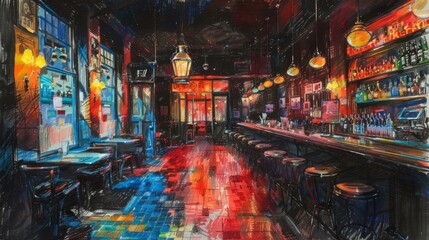 The interior of a bar with a long bar counter and shelves of bottles. The floor is red and the walls are decorated with paintings. There are no people in the bar.