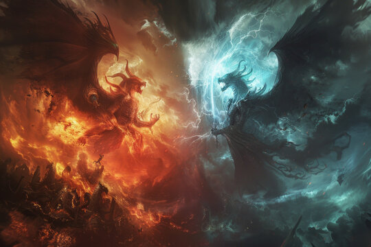 Epic battle between fire demon and ice angel in fantasy artwork