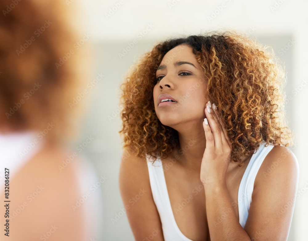 Poster Bathroom, morning and black woman with check, skin and mirror for routine, makeup and wellness. Home, acne and African girl with treatment, dermatology and skincare of face, cosmetics and apartment