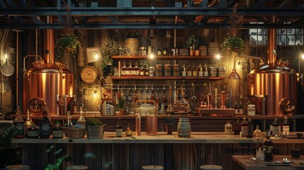 The interior of a bar with shelves of bottles and copper stills.