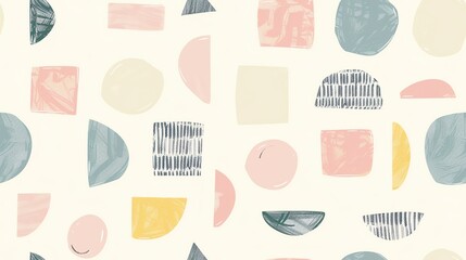 Fototapeta na wymiar Seamless pattern of pastel-colored hand-drawn minimalist geometric shapes, creating a clean and modern design