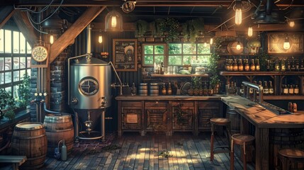 The interior of a cozy tavern with wooden beams, a bar, and shelves stocked with bottles.
