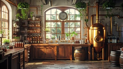 The interior of a cozy home brewery. There are shelves with bottles and jars, a large wooden counter, and a copper still.