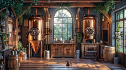 The interior of a distillery with copper stills and wooden barrels.