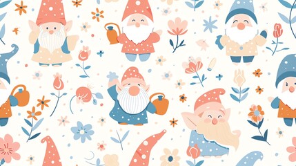 Seamless pattern of vector pastel-colored cute gardening gnomes holding watering cans and shovels, surrounded by flowers and plants