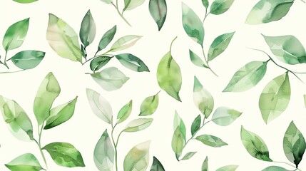 Seamless pattern of watercolor hand-drawn leaves in various shades of green, creating a soft and natural design