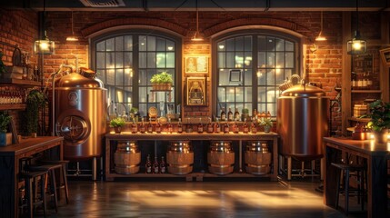 The interior of a modern brewery with large metal vats and a bar counter.