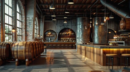 The interior of a modern distillery with wooden barrels and copper stills.