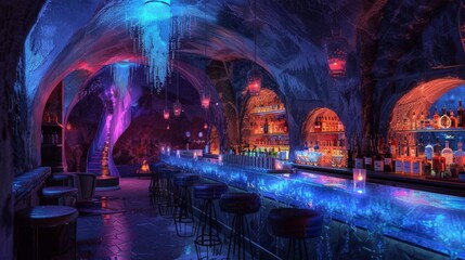 The interior of a nightclub. The bar is lit up with blue lights and there are people dancing on the dance floor.